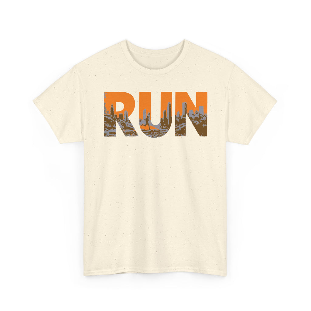 RUN Graphic Tee — Cityscape Running Shirt for Runners & Fitness Enthusiasts