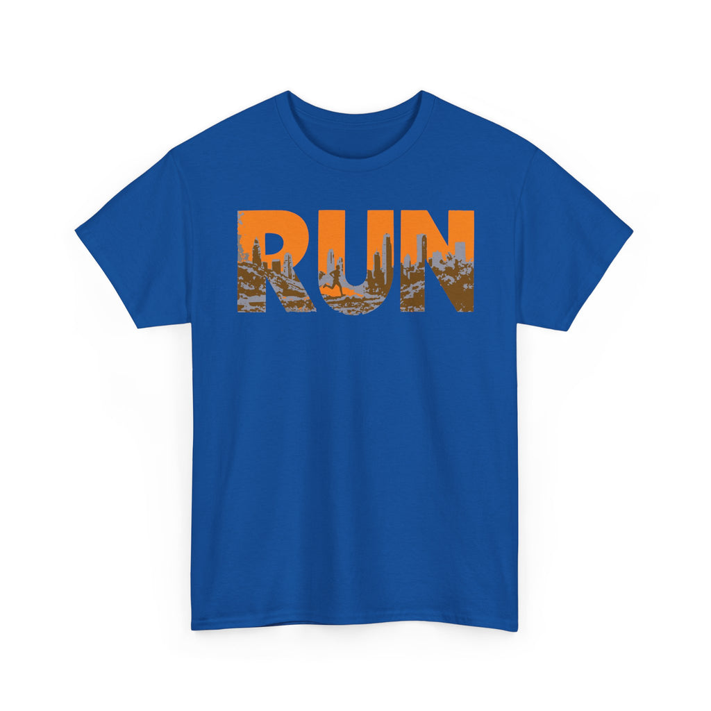 RUN Graphic Tee — Cityscape Running Shirt for Runners & Fitness Enthusiasts