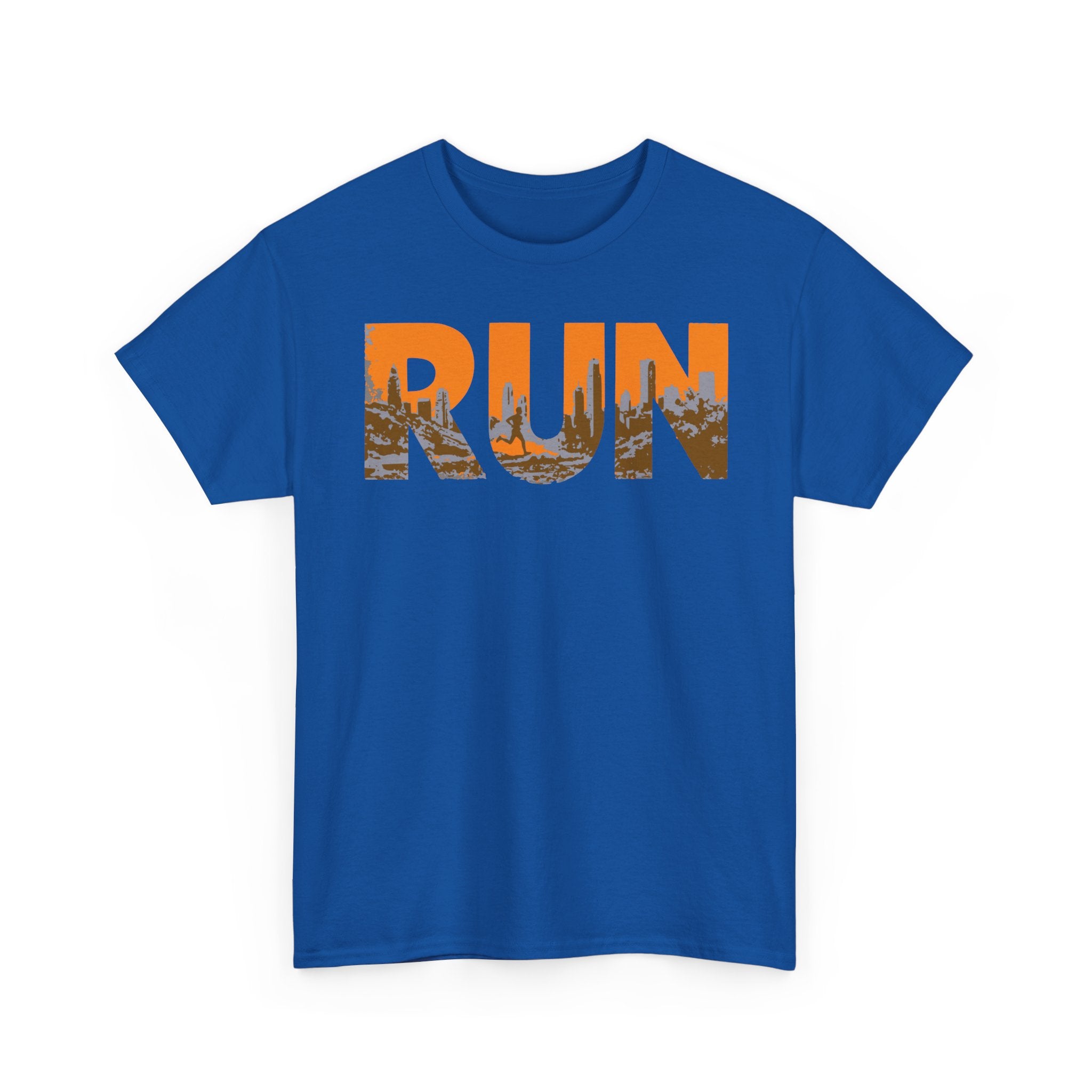 RUN Graphic Tee — Cityscape Running Shirt for Runners & Fitness Enthusiasts