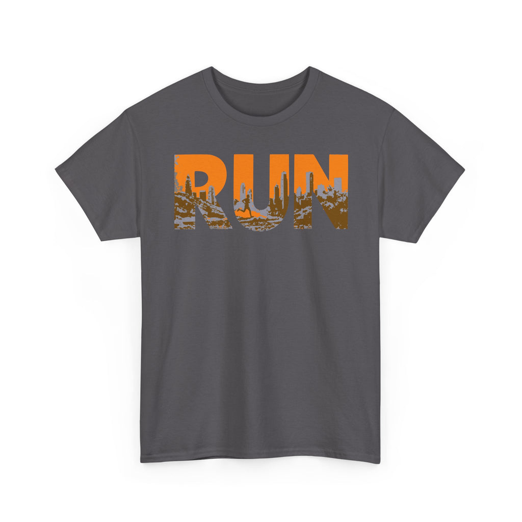 RUN Graphic Tee — Cityscape Running Shirt for Runners & Fitness Enthusiasts