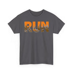 RUN Graphic Tee — Cityscape Running Shirt for Runners & Fitness Enthusiasts