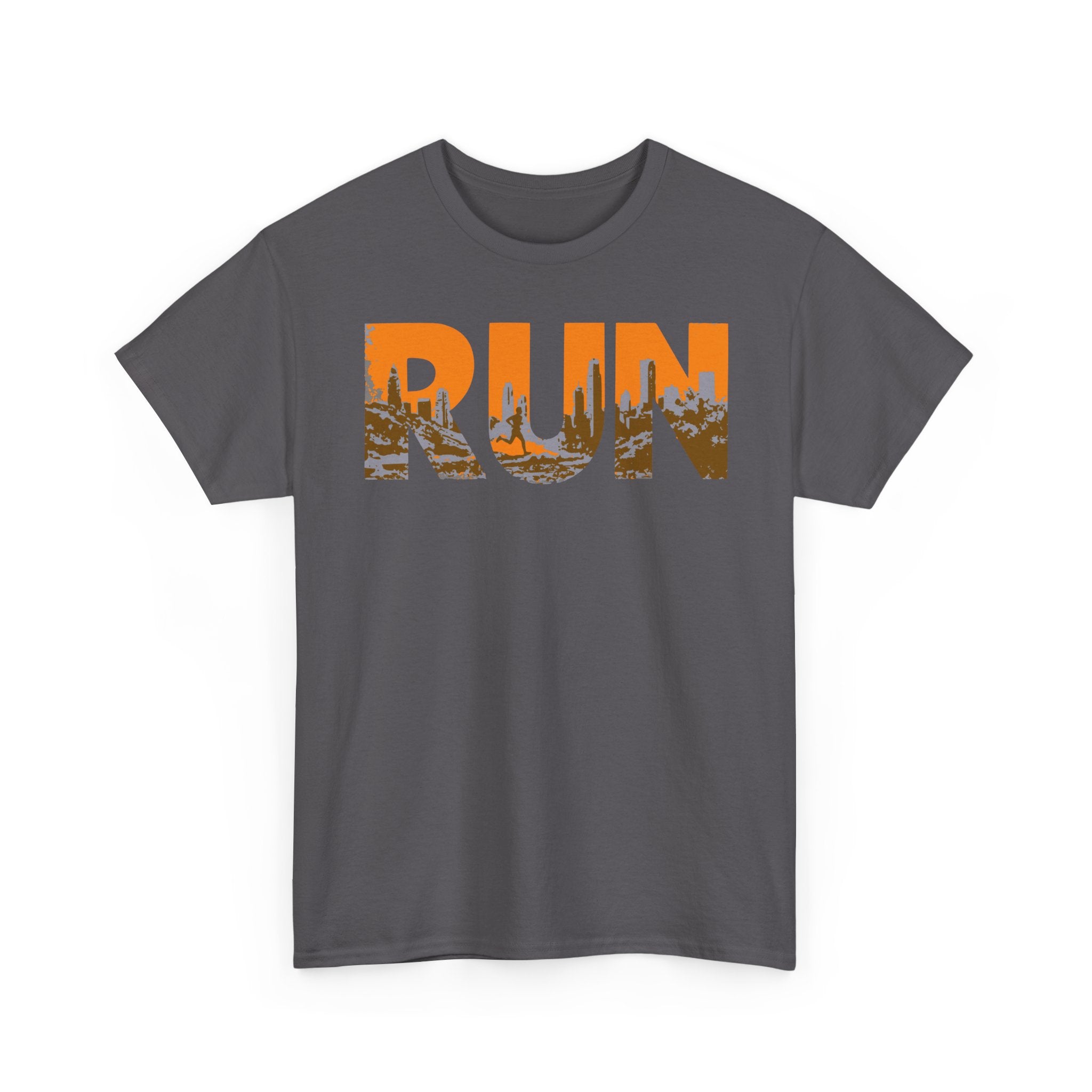 RUN Graphic Tee — Cityscape Running Shirt for Runners & Fitness Enthusiasts