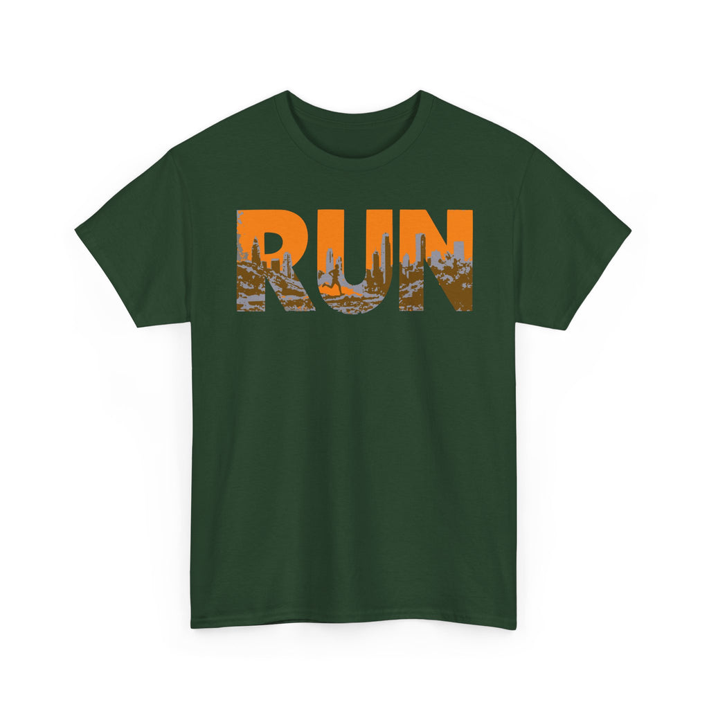 RUN Graphic Tee — Cityscape Running Shirt for Runners & Fitness Enthusiasts
