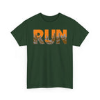 RUN Graphic Tee — Cityscape Running Shirt for Runners & Fitness Enthusiasts