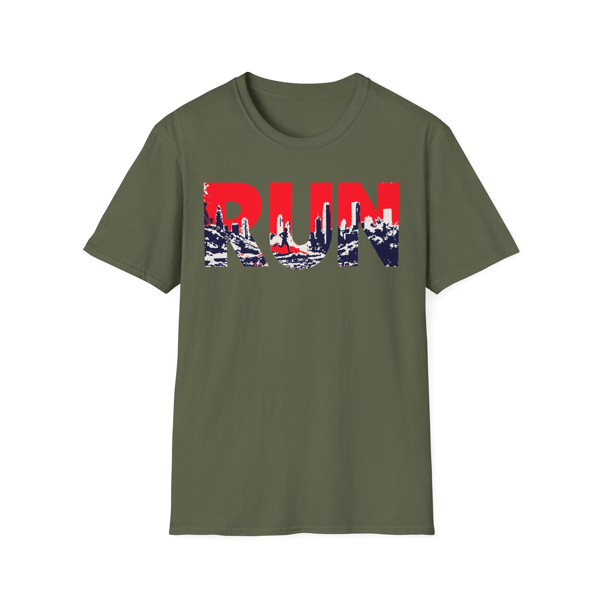 RUN (Red White and Blue) T‑Shirt — Bold Skyline Running Design