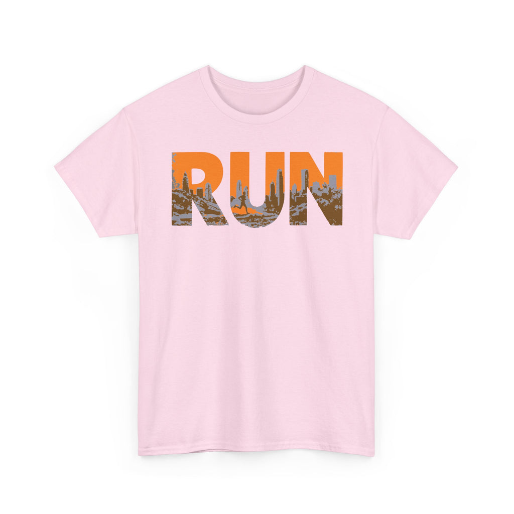 RUN Graphic Tee — Cityscape Running Shirt for Runners & Fitness Enthusiasts