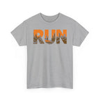 RUN Graphic Tee — Cityscape Running Shirt for Runners & Fitness Enthusiasts