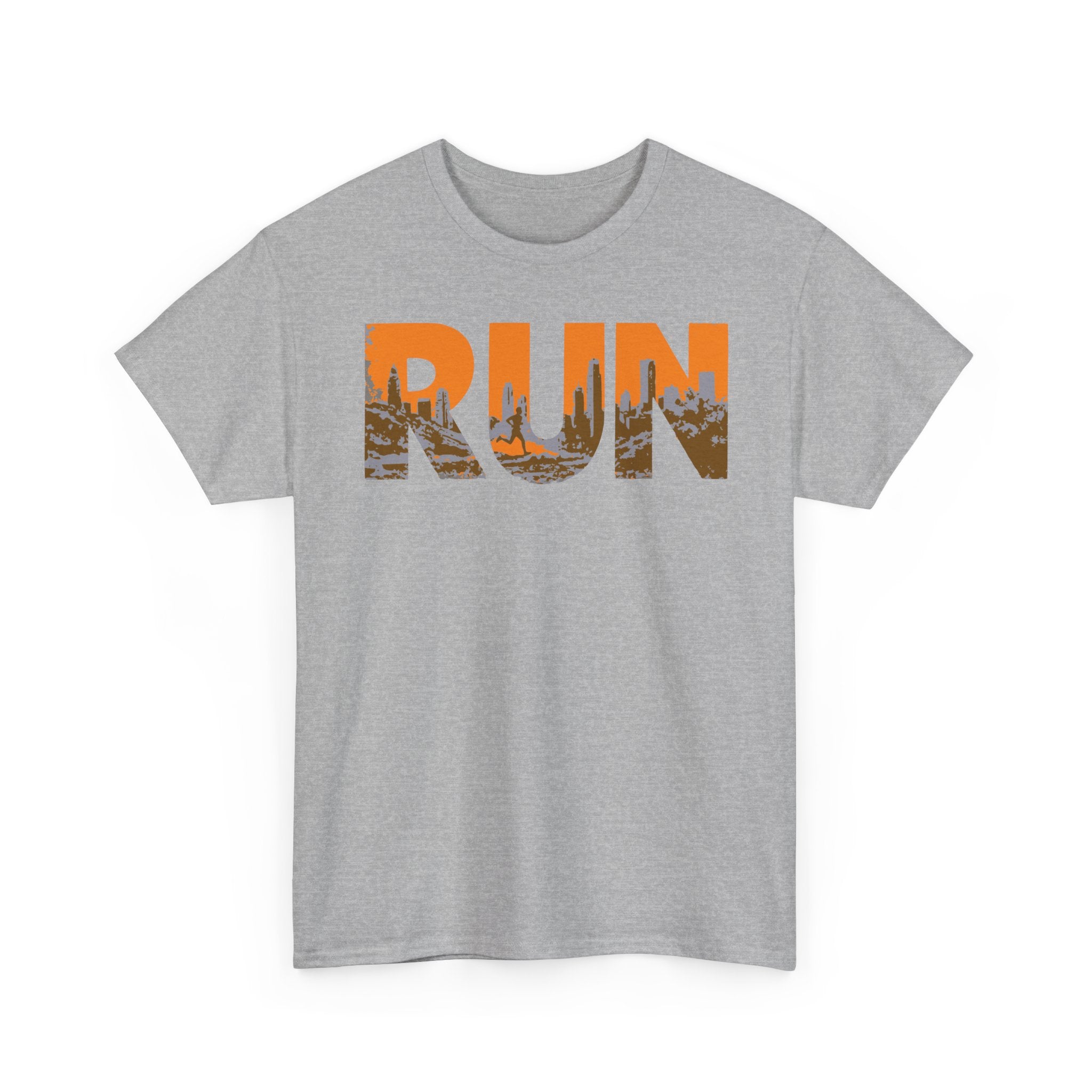 RUN Graphic Tee — Cityscape Running Shirt for Runners & Fitness Enthusiasts
