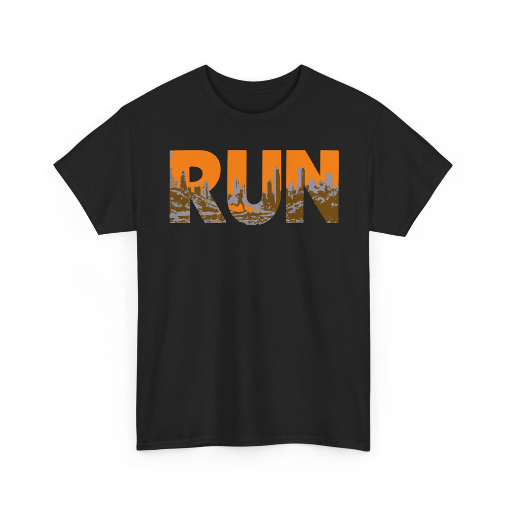 RUN Graphic Tee — Cityscape Running Shirt for Runners & Fitness Enthusiasts