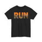 RUN Graphic Tee — Cityscape Running Shirt for Runners & Fitness Enthusiasts