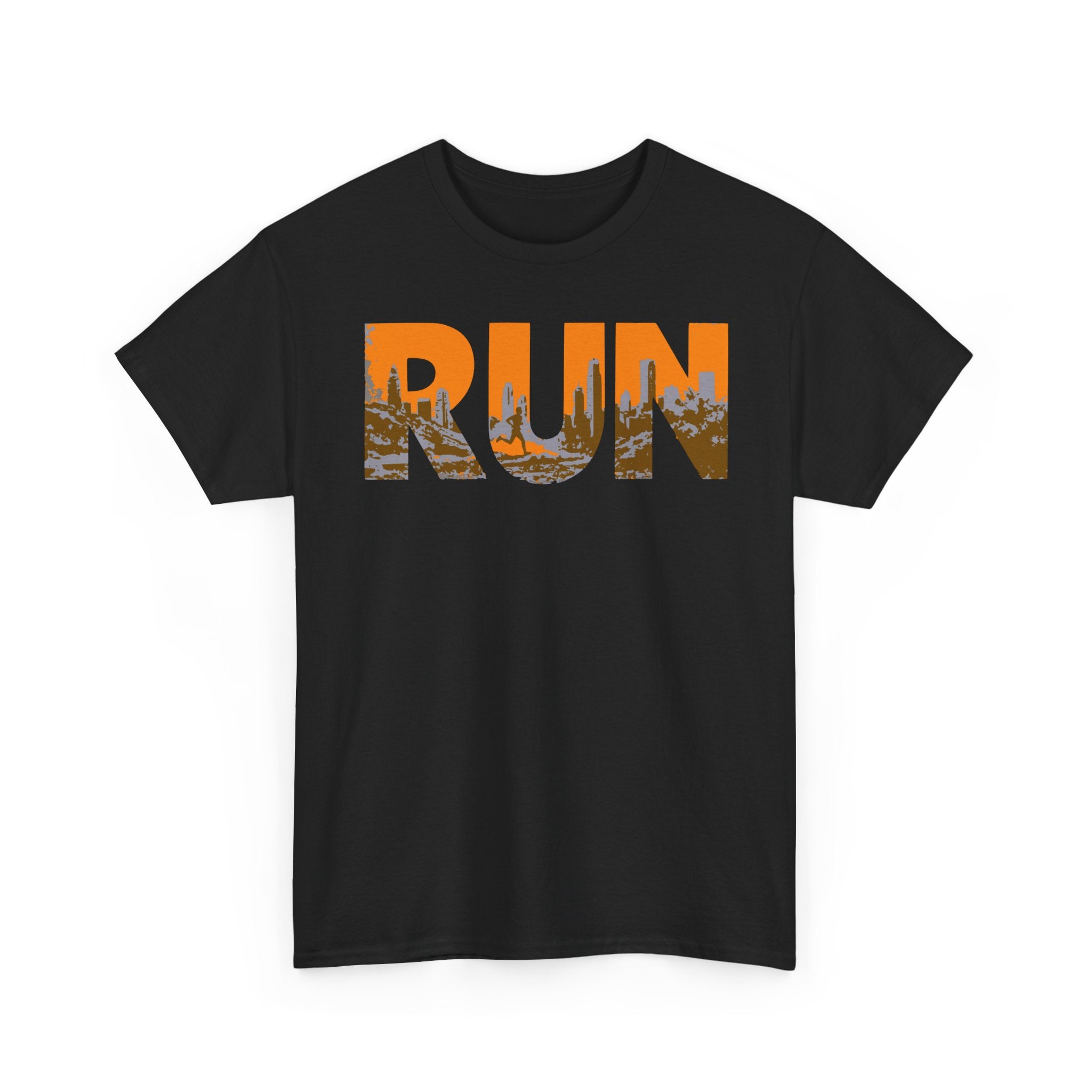 RUN Graphic Tee — Cityscape Running Shirt for Runners & Fitness Enthusiasts