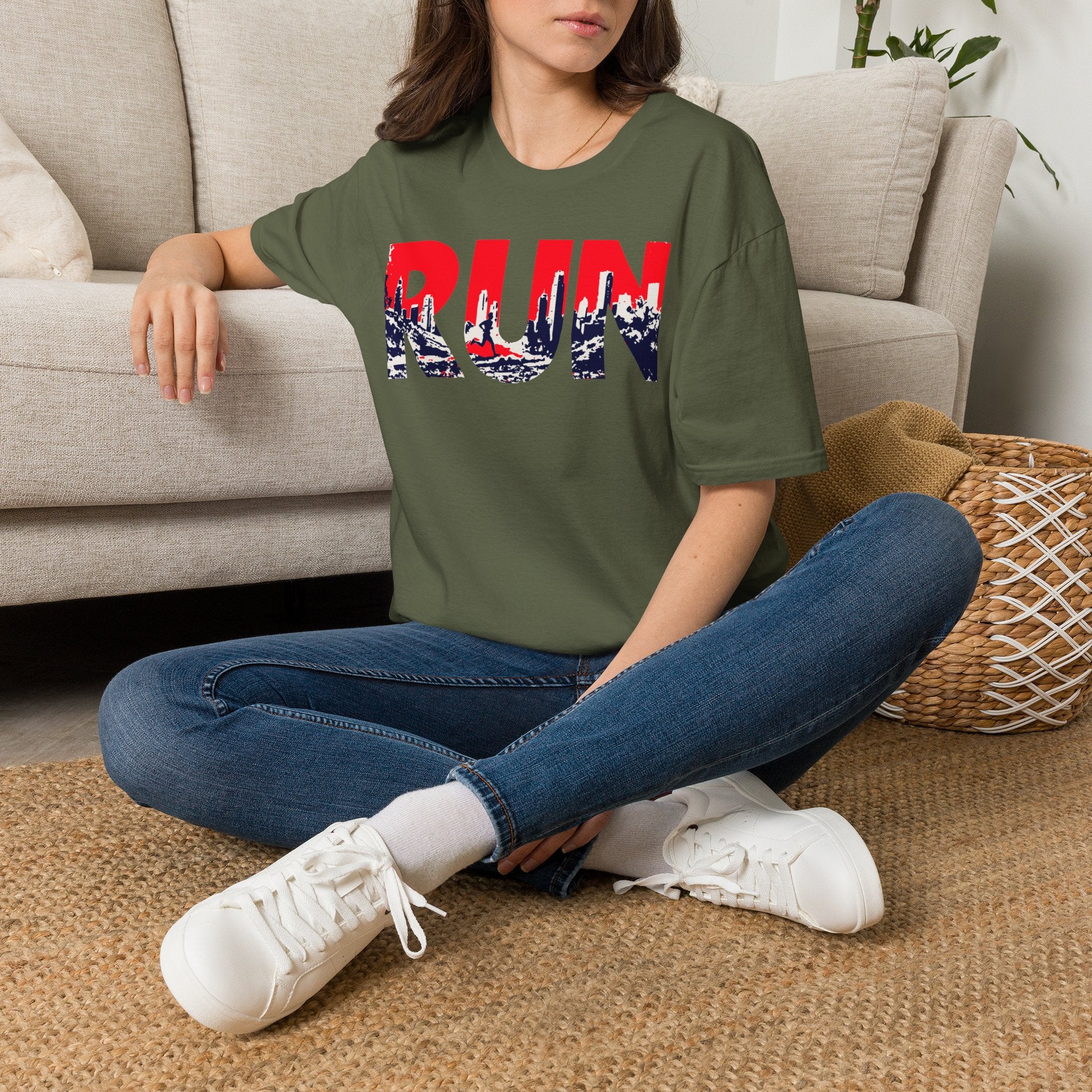 RUN (Red White and Blue) T‑Shirt — Bold Skyline Running Design