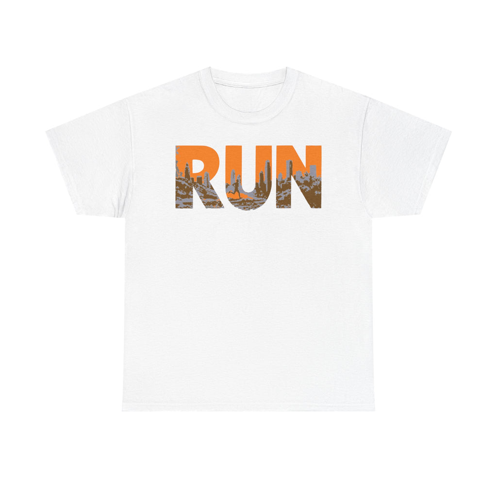 RUN Graphic Tee — Cityscape Running Shirt for Runners & Fitness Enthusiasts