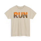 RUN Graphic Tee — Cityscape Running Shirt for Runners & Fitness Enthusiasts