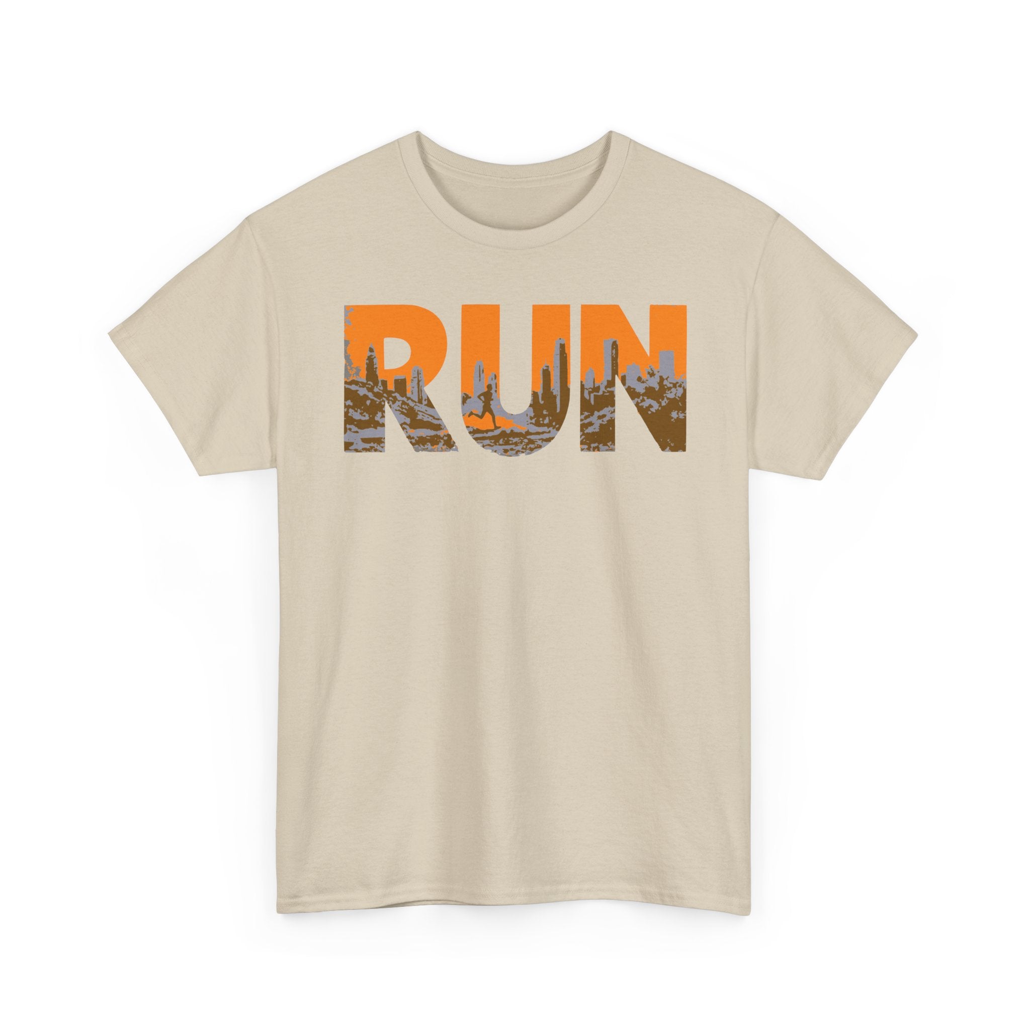 RUN Graphic Tee — Cityscape Running Shirt for Runners & Fitness Enthusiasts
