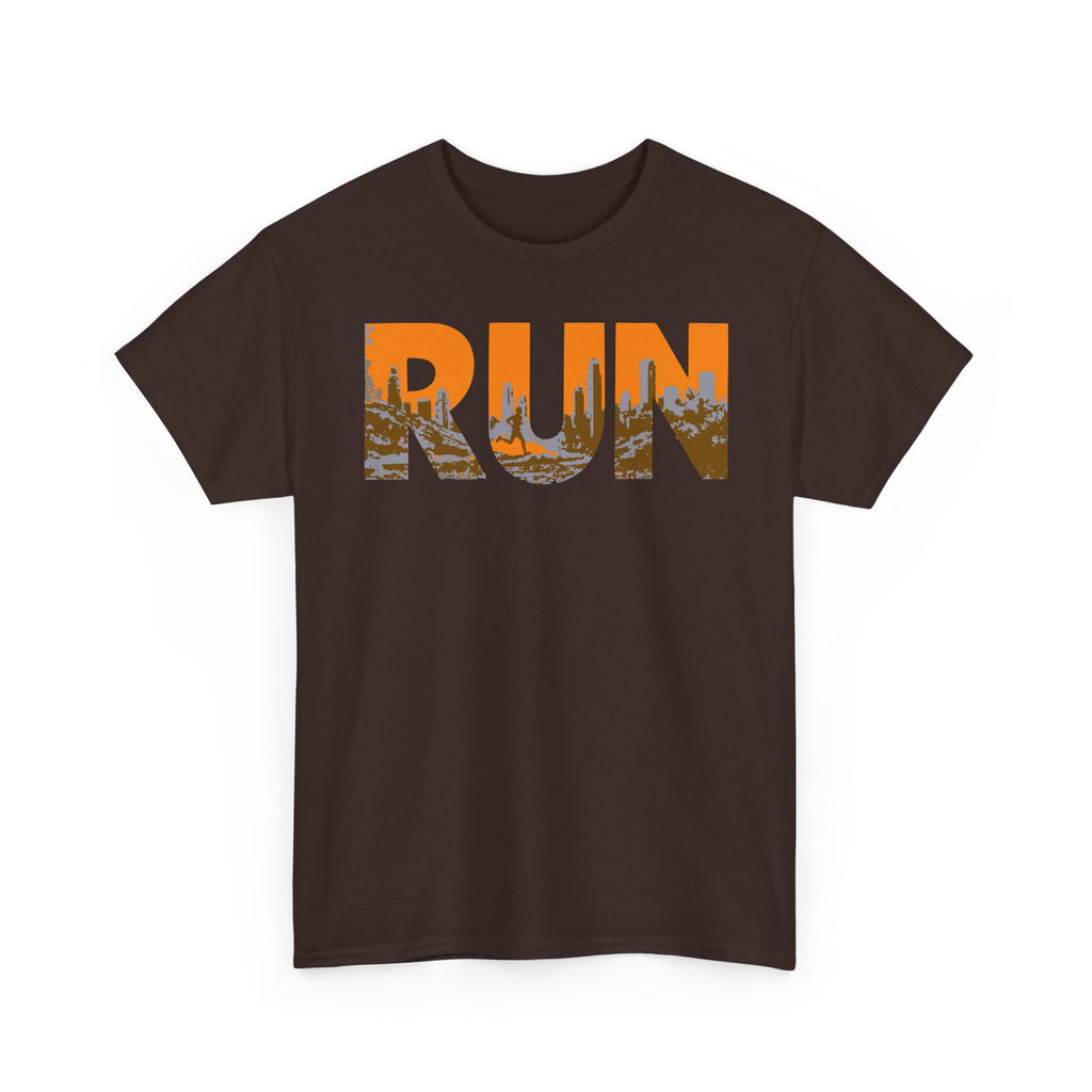 RUN Graphic Tee — Cityscape Running Shirt for Runners & Fitness Enthusiasts