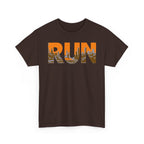 RUN Graphic Tee — Cityscape Running Shirt for Runners & Fitness Enthusiasts