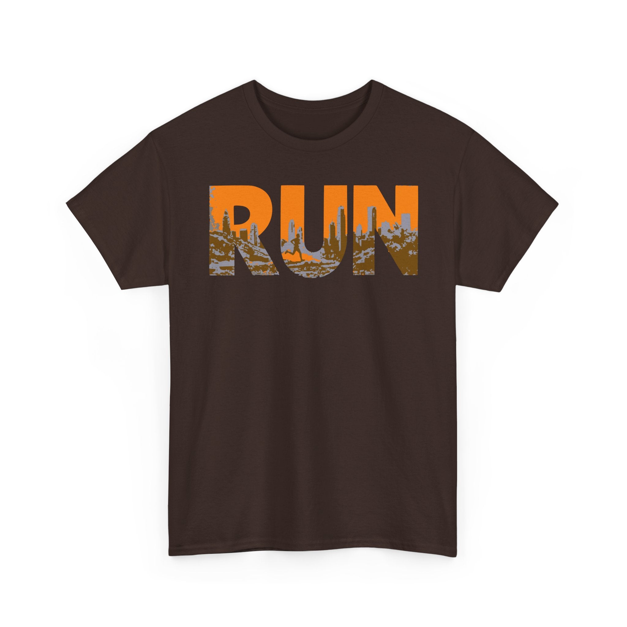 RUN Graphic Tee — Cityscape Running Shirt for Runners & Fitness Enthusiasts