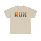 RUN Graphic Tee — Cityscape Running Shirt for Runners & Fitness Enthusiasts