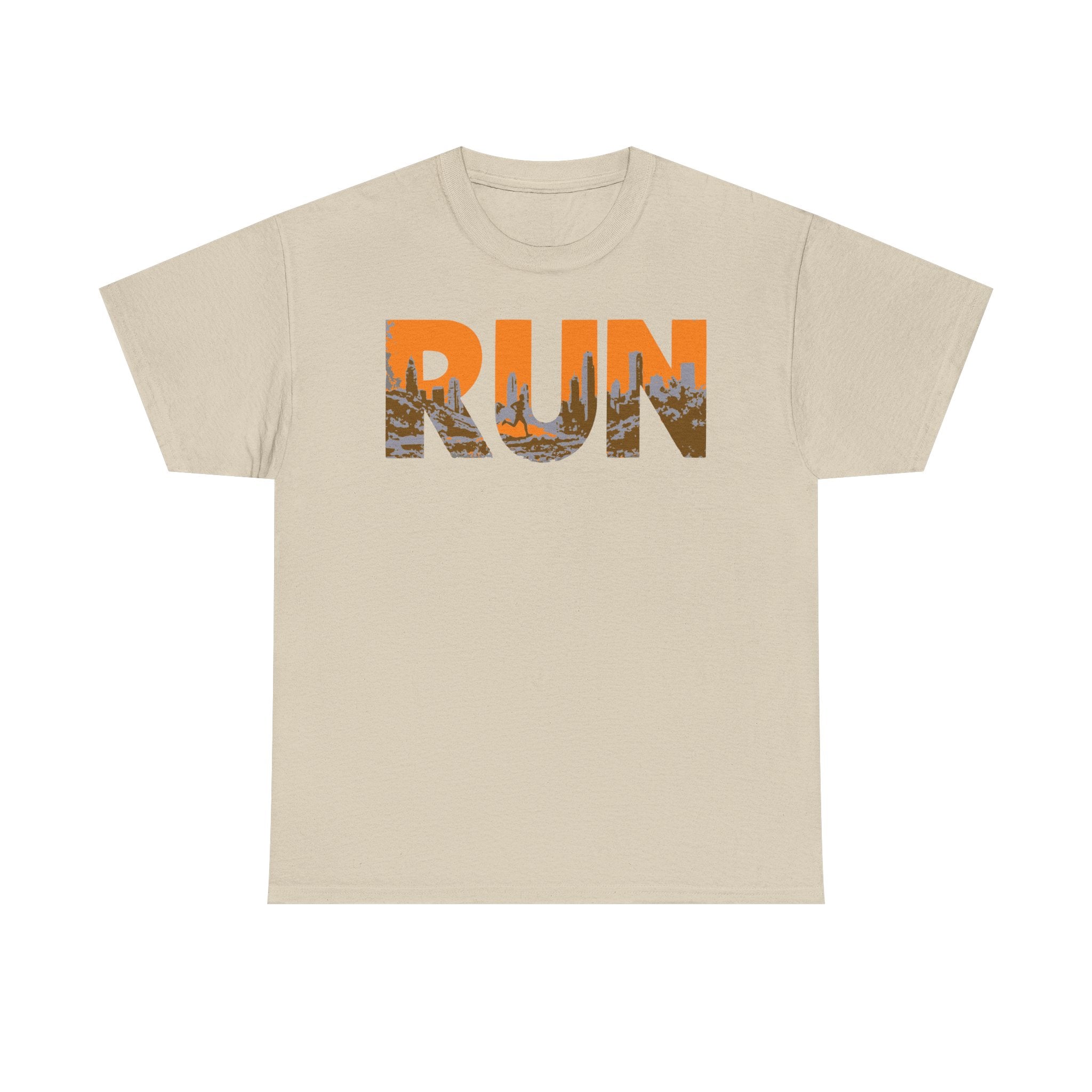 RUN Graphic Tee — Cityscape Running Shirt for Runners & Fitness Enthusiasts