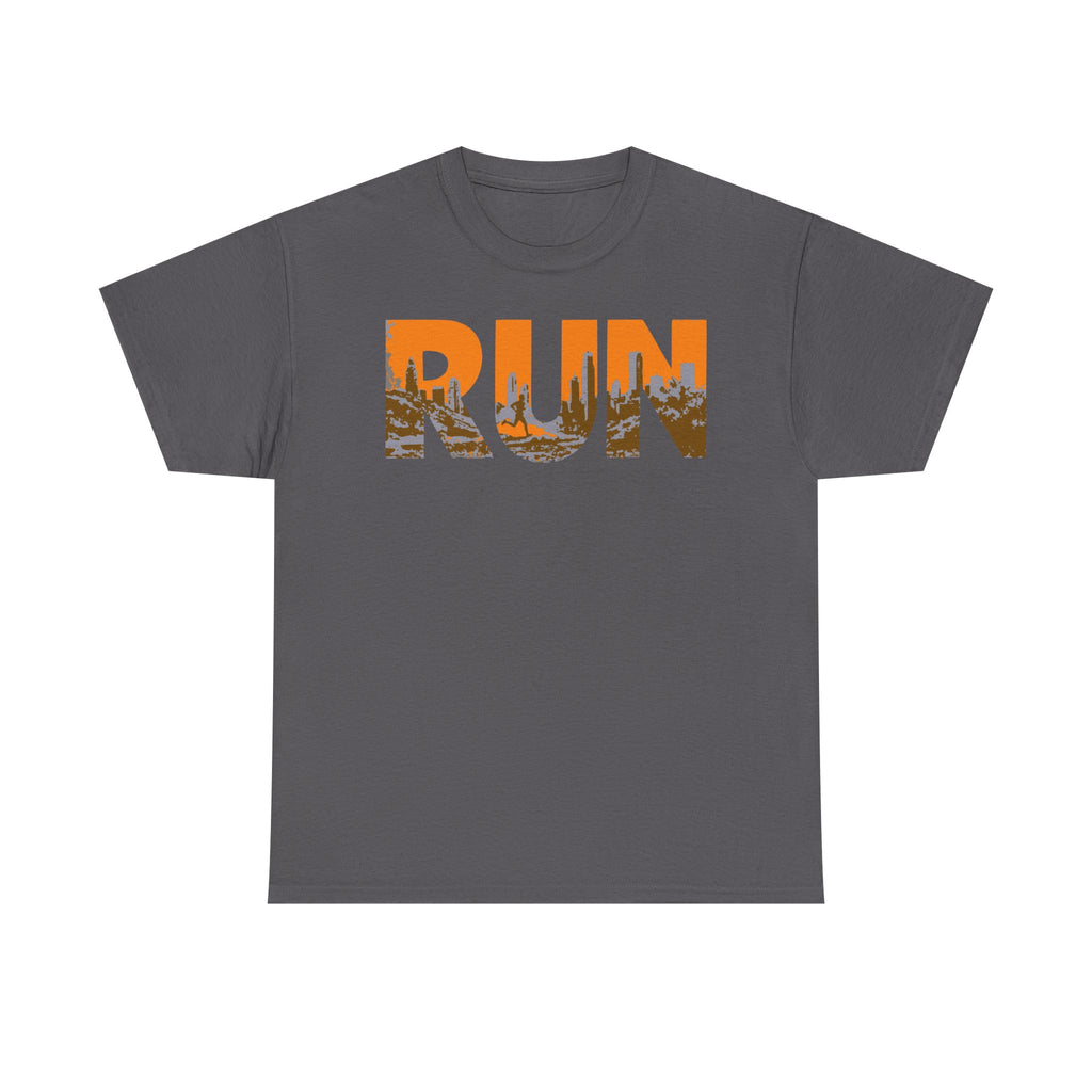 RUN Graphic Tee — Cityscape Running Shirt for Runners & Fitness Enthusiasts