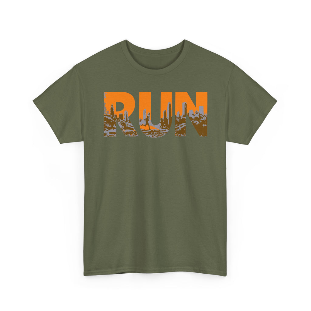 RUN Graphic Tee — Cityscape Running Shirt for Runners & Fitness Enthusiasts