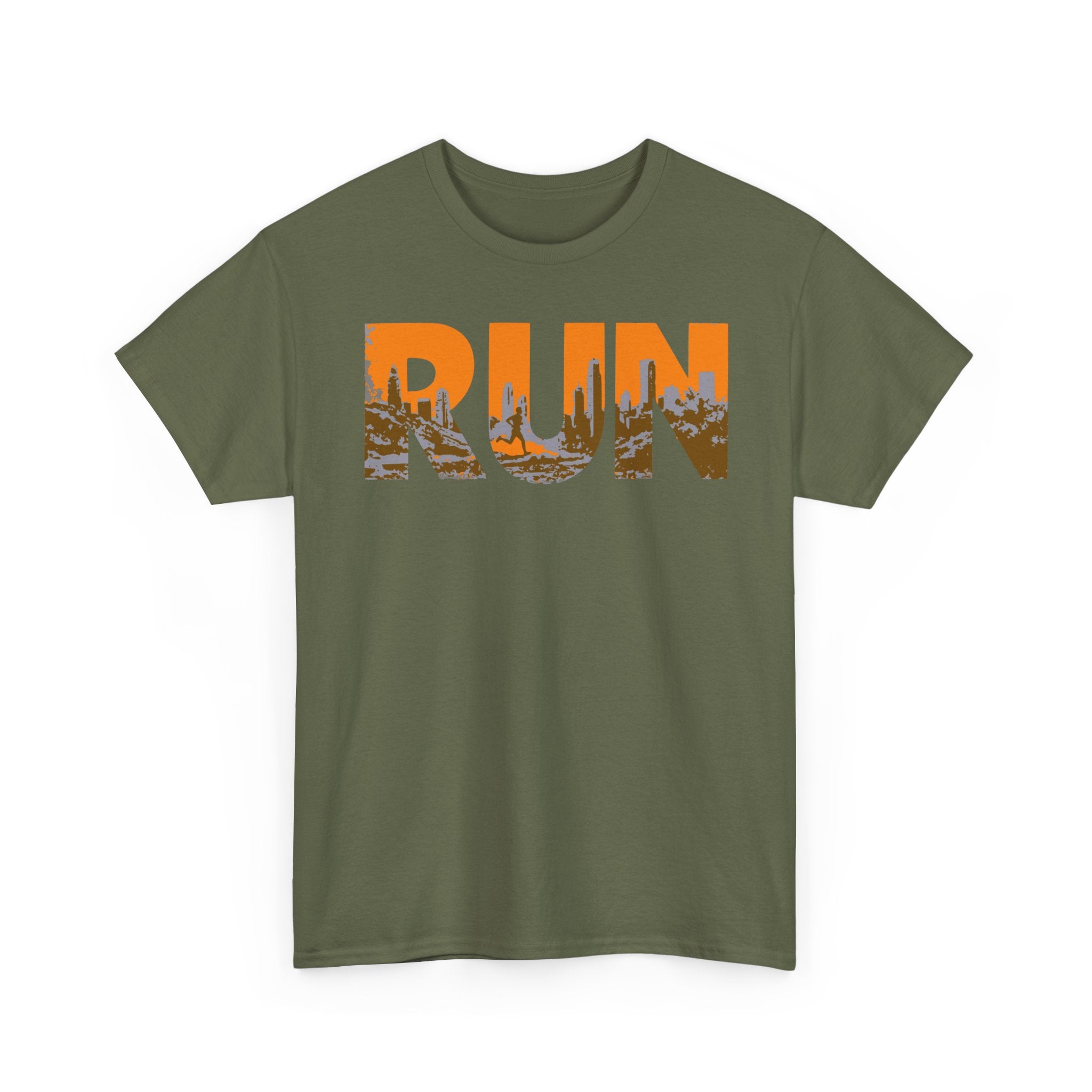 RUN Graphic Tee — Cityscape Running Shirt for Runners & Fitness Enthusiasts