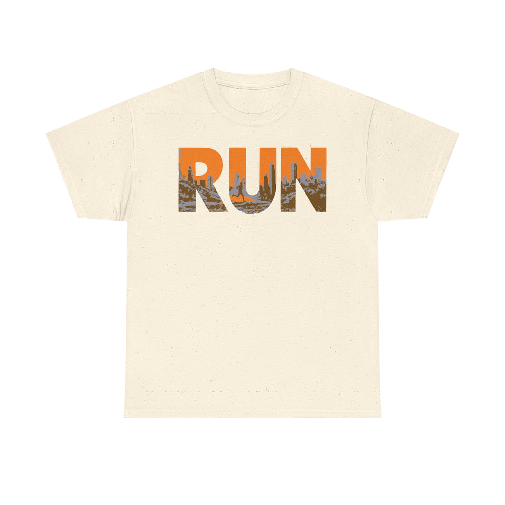 RUN Graphic Tee — Cityscape Running Shirt for Runners & Fitness Enthusiasts