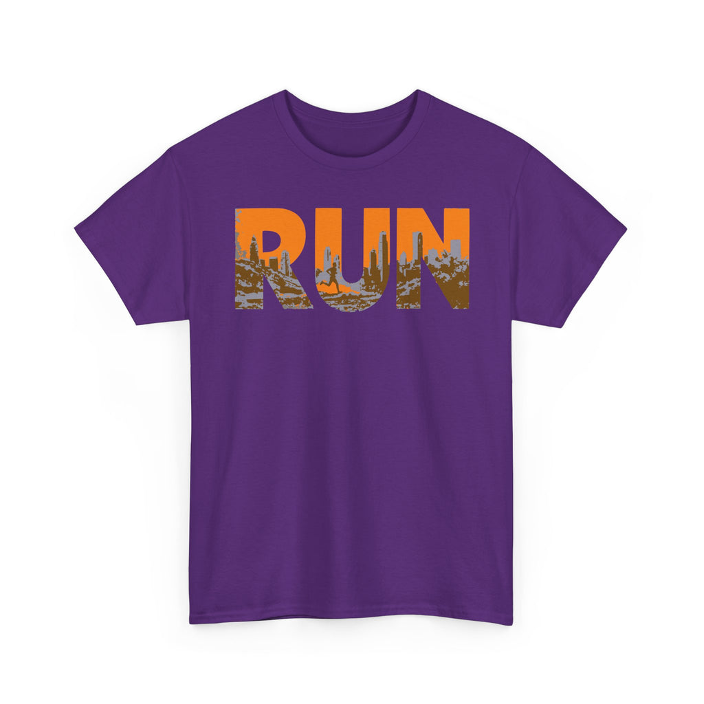 RUN Graphic Tee — Cityscape Running Shirt for Runners & Fitness Enthusiasts