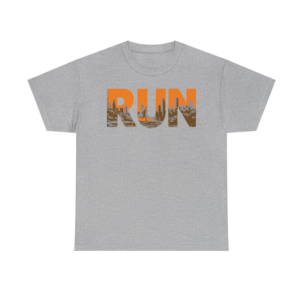 RUN Graphic Tee — Cityscape Running Shirt for Runners & Fitness Enthusiasts