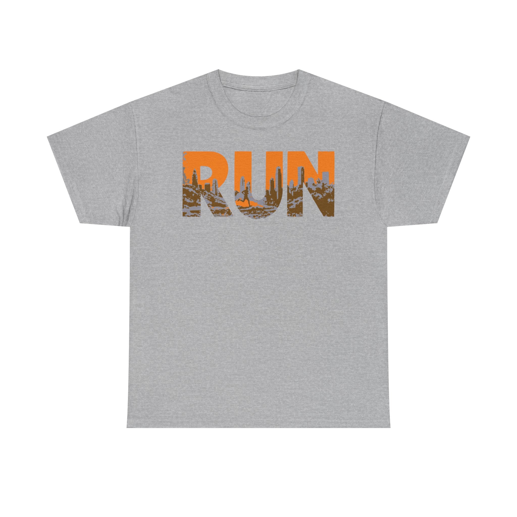 RUN Graphic Tee — Cityscape Running Shirt for Runners & Fitness Enthusiasts