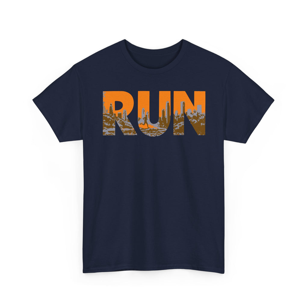 RUN Graphic Tee — Cityscape Running Shirt for Runners & Fitness Enthusiasts