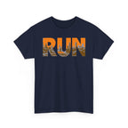RUN Graphic Tee — Cityscape Running Shirt for Runners & Fitness Enthusiasts