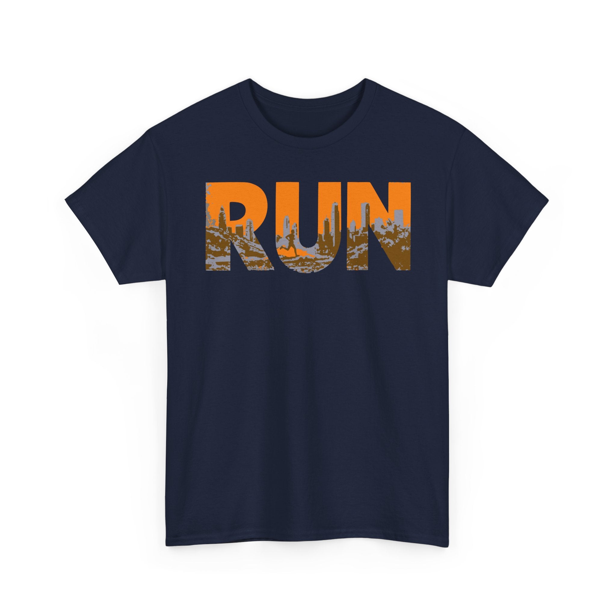 RUN Graphic Tee — Cityscape Running Shirt for Runners & Fitness Enthusiasts