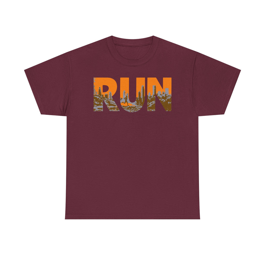 RUN Graphic Tee — Cityscape Running Shirt for Runners & Fitness Enthusiasts