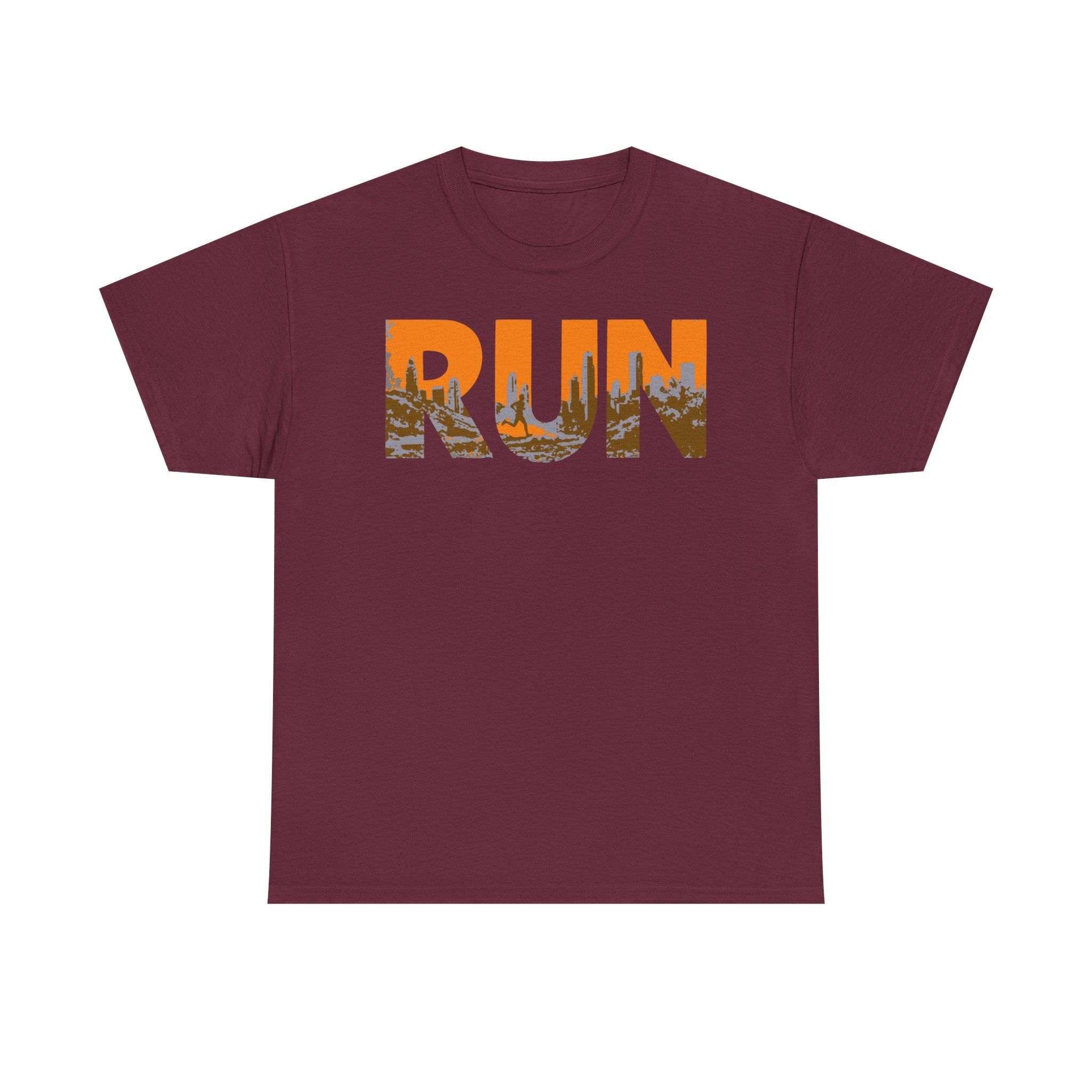 RUN Graphic Tee — Cityscape Running Shirt for Runners & Fitness Enthusiasts