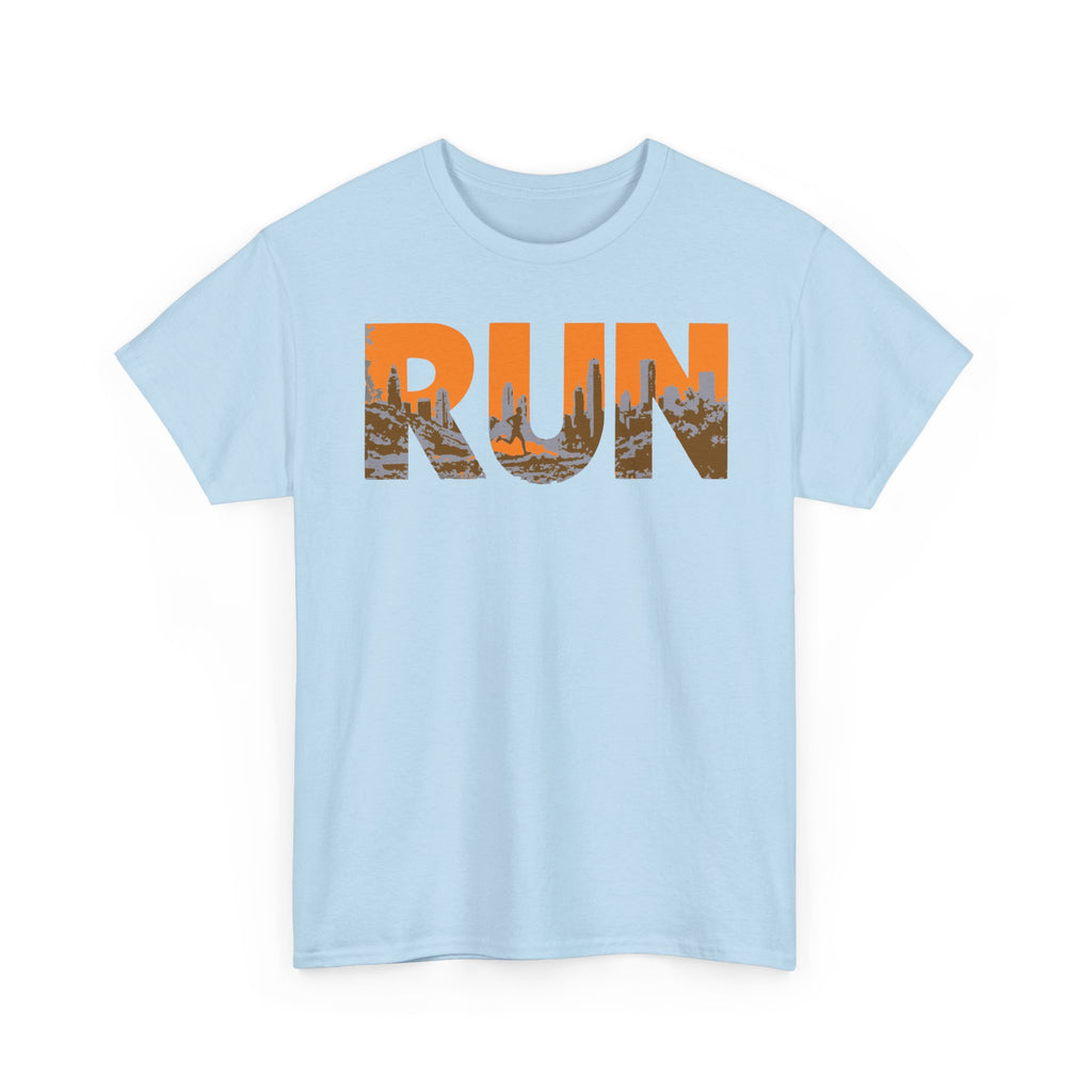 RUN Graphic Tee — Cityscape Running Shirt for Runners & Fitness Enthusiasts