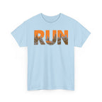 RUN Graphic Tee — Cityscape Running Shirt for Runners & Fitness Enthusiasts