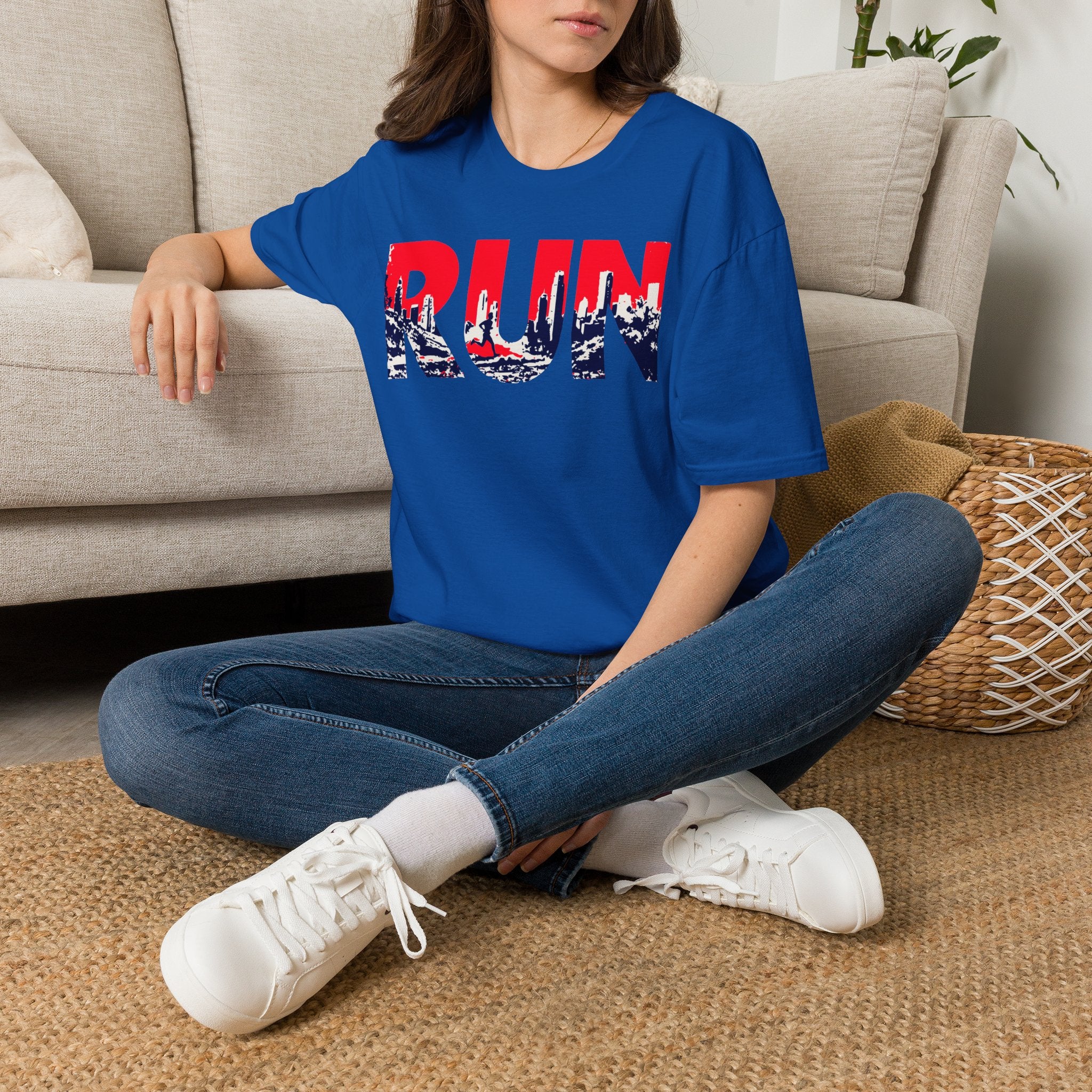 RUN (Red White and Blue) T‑Shirt — Bold Skyline Running Design