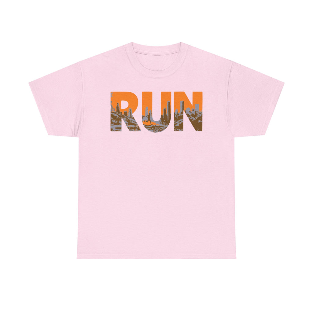 RUN Graphic Tee — Cityscape Running Shirt for Runners & Fitness Enthusiasts
