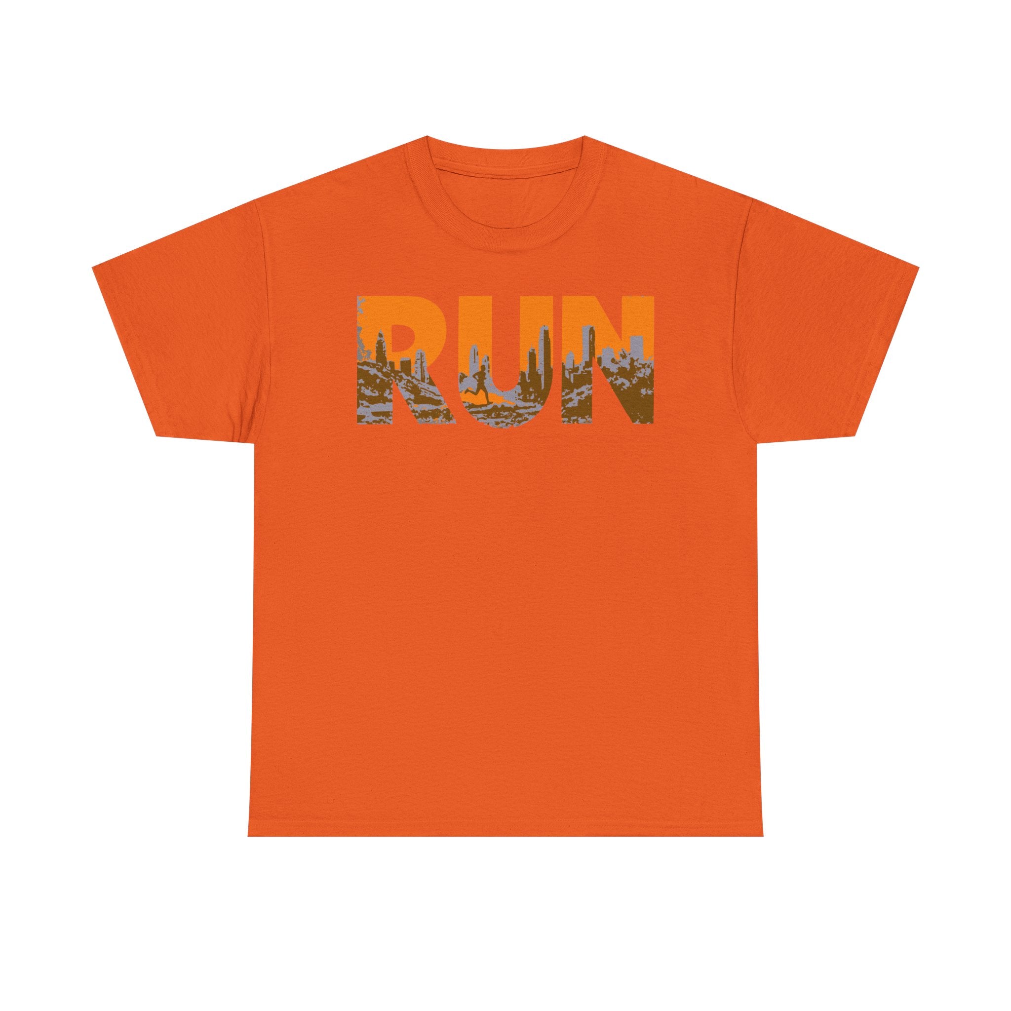 RUN Graphic Tee — Cityscape Running Shirt for Runners & Fitness Enthusiasts