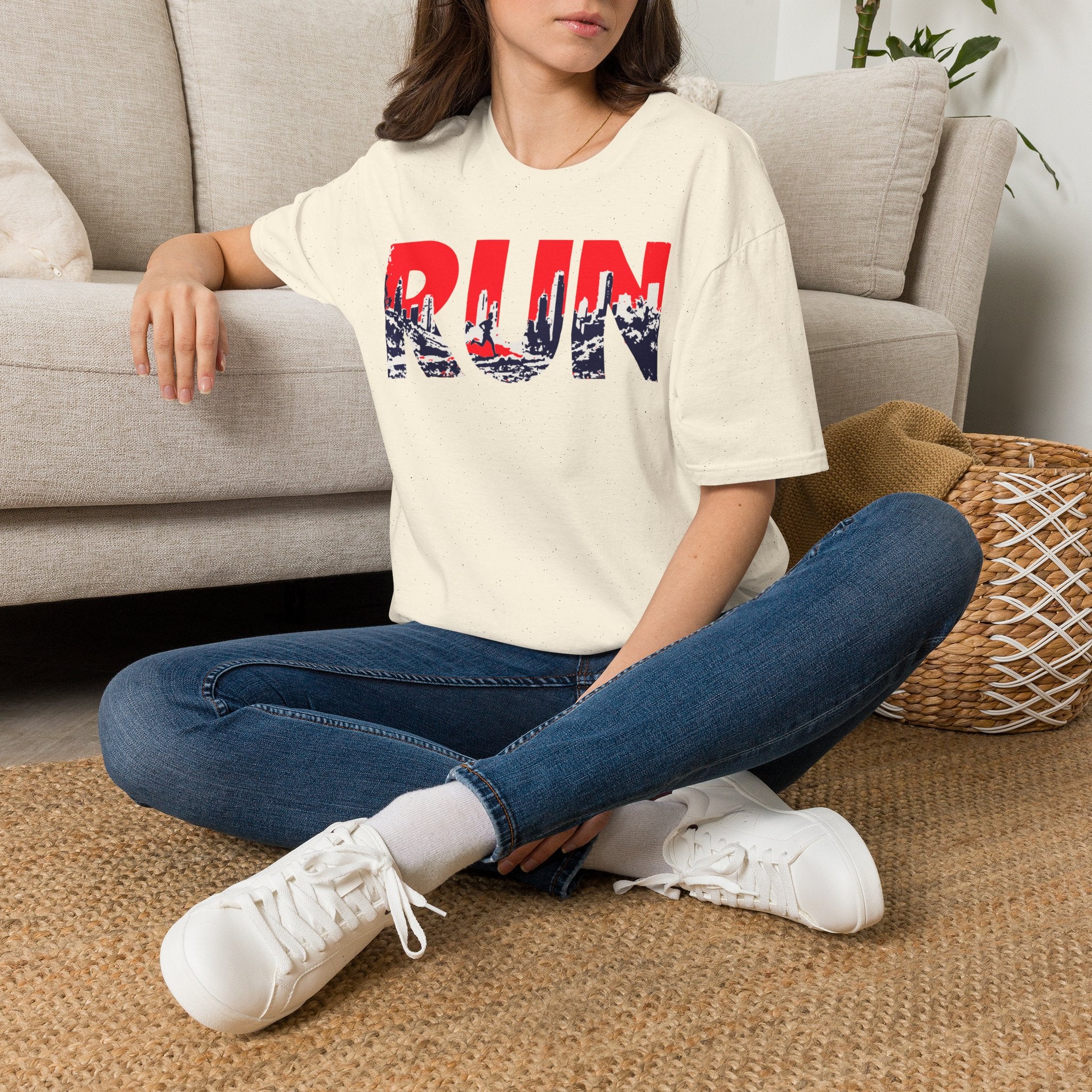 RUN (Red White and Blue) T‑Shirt — Bold Skyline Running Design