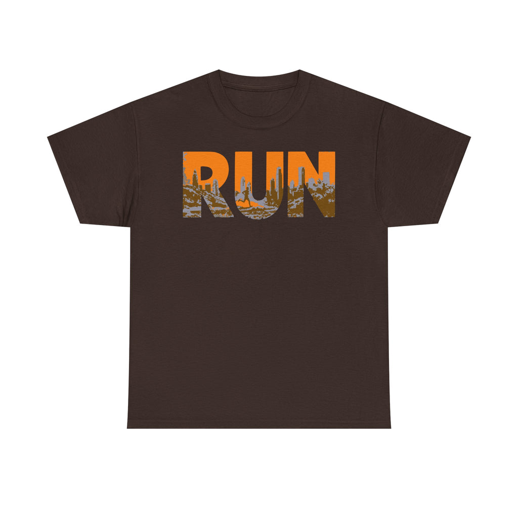 RUN Graphic Tee — Cityscape Running Shirt for Runners & Fitness Enthusiasts