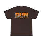RUN Graphic Tee — Cityscape Running Shirt for Runners & Fitness Enthusiasts