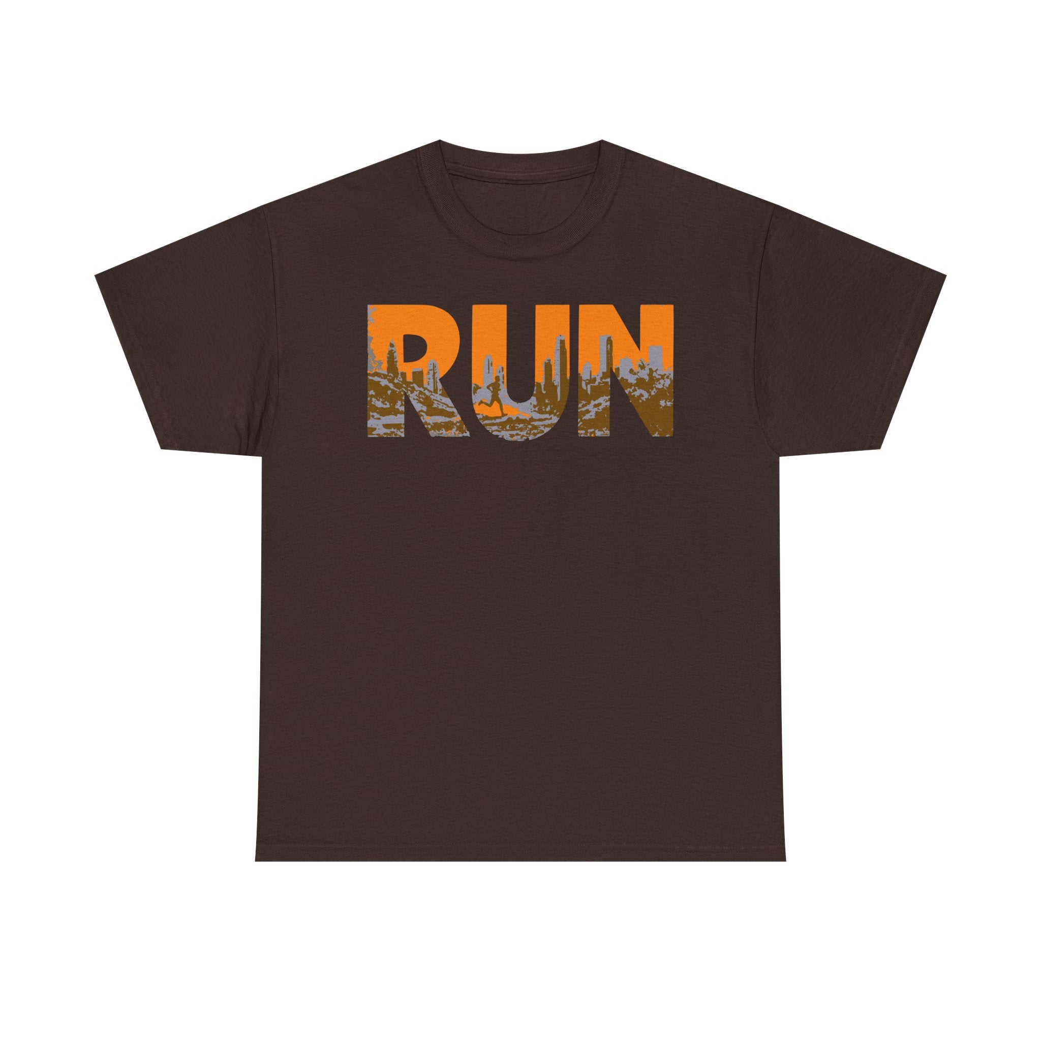 RUN Graphic Tee — Cityscape Running Shirt for Runners & Fitness Enthusiasts
