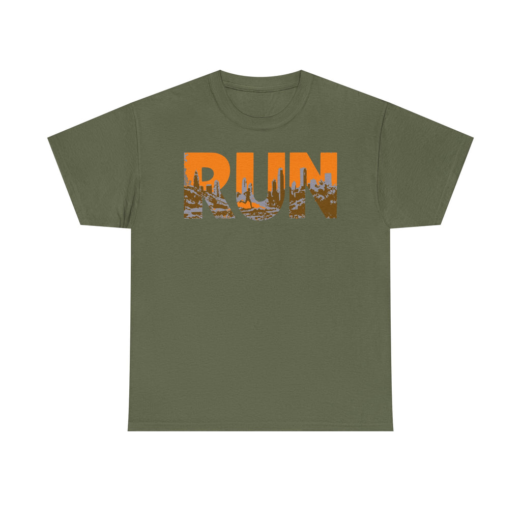 RUN Graphic Tee — Cityscape Running Shirt for Runners & Fitness Enthusiasts