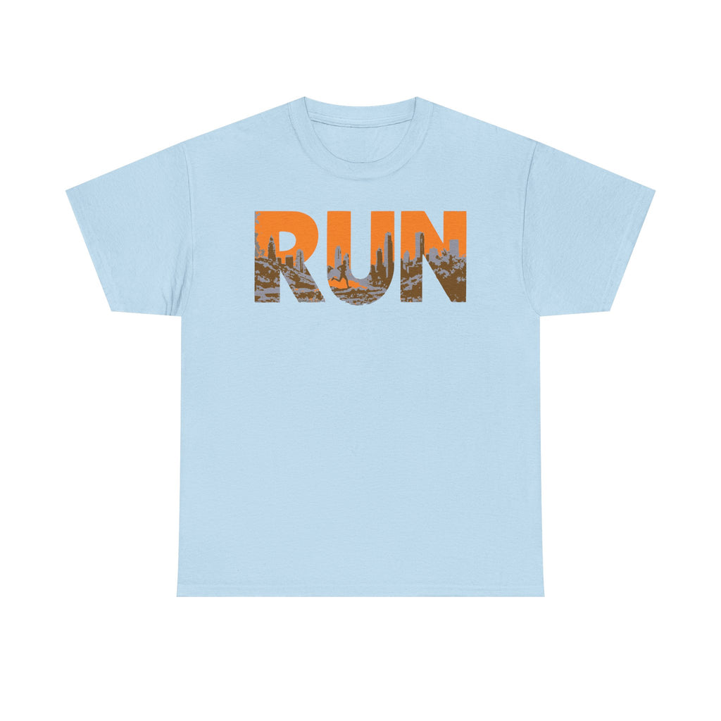 RUN Graphic Tee — Cityscape Running Shirt for Runners & Fitness Enthusiasts