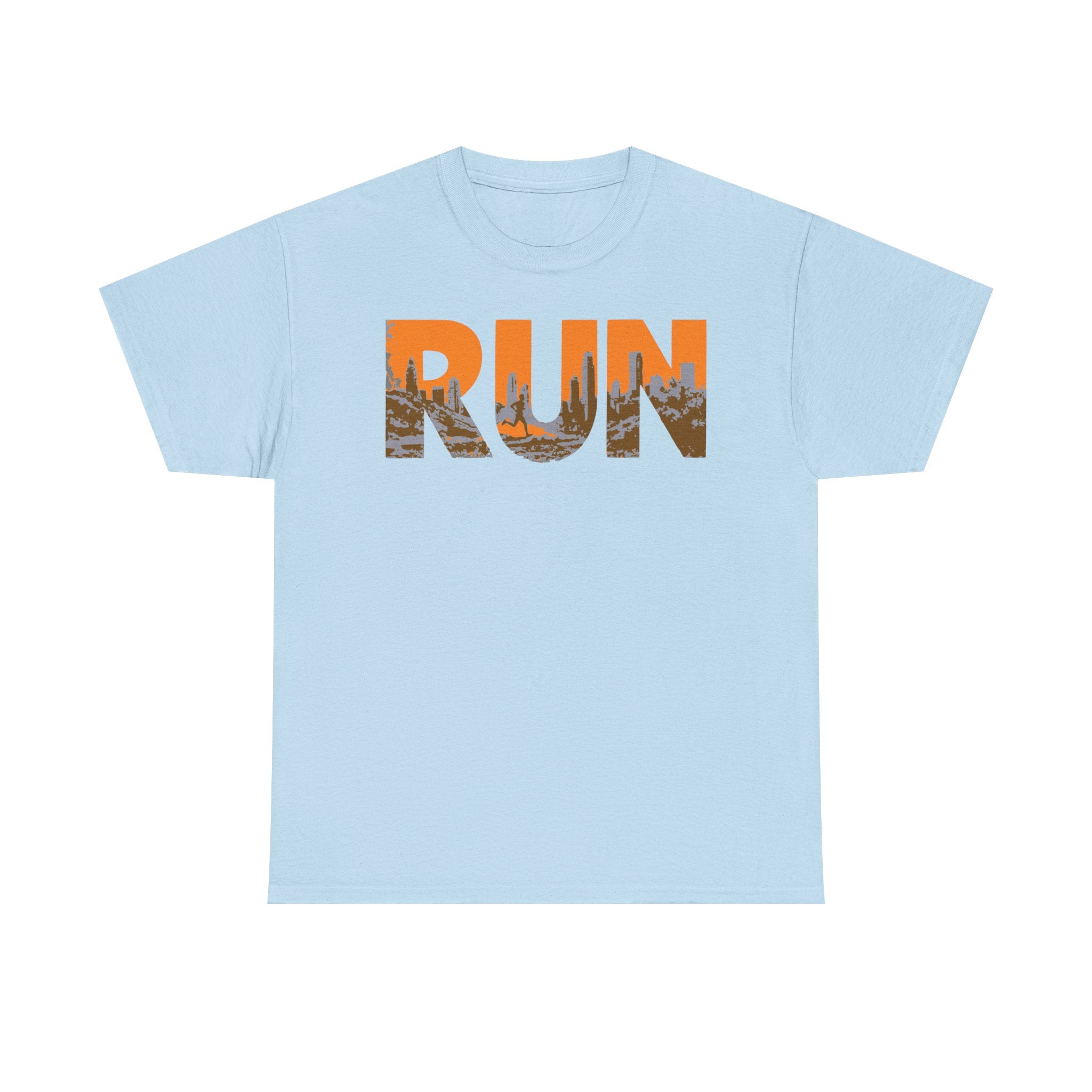 RUN Graphic Tee — Cityscape Running Shirt for Runners & Fitness Enthusiasts