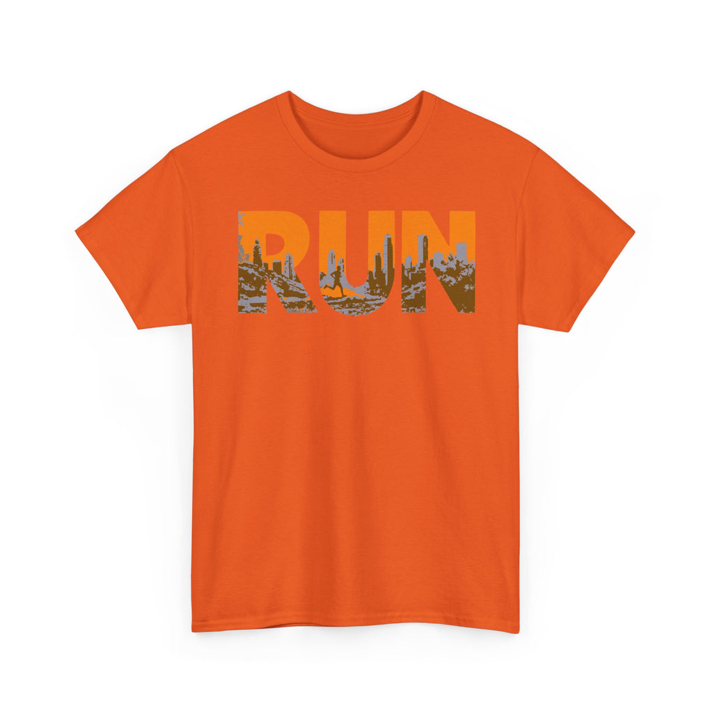 RUN Graphic Tee — Cityscape Running Shirt for Runners & Fitness Enthusiasts