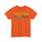 RUN Graphic Tee — Cityscape Running Shirt for Runners & Fitness Enthusiasts